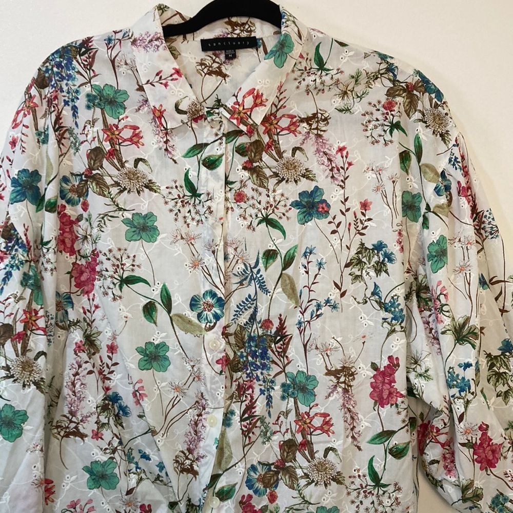 Gently worn Sanctuary Floral Button-Up Blouse, balloon sleeves eyelets medium